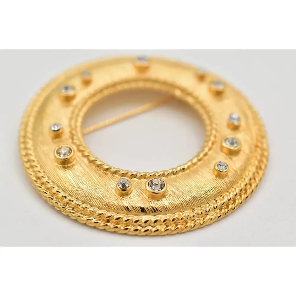 Vintage Chunky Round Pin Brooch Textured Matte Rhinestone Crystal Heavy 1980s 9B